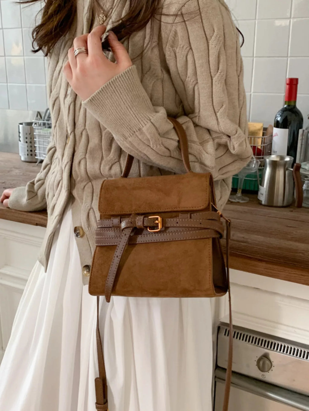 Suede Buckle Decor Crossbody Bag