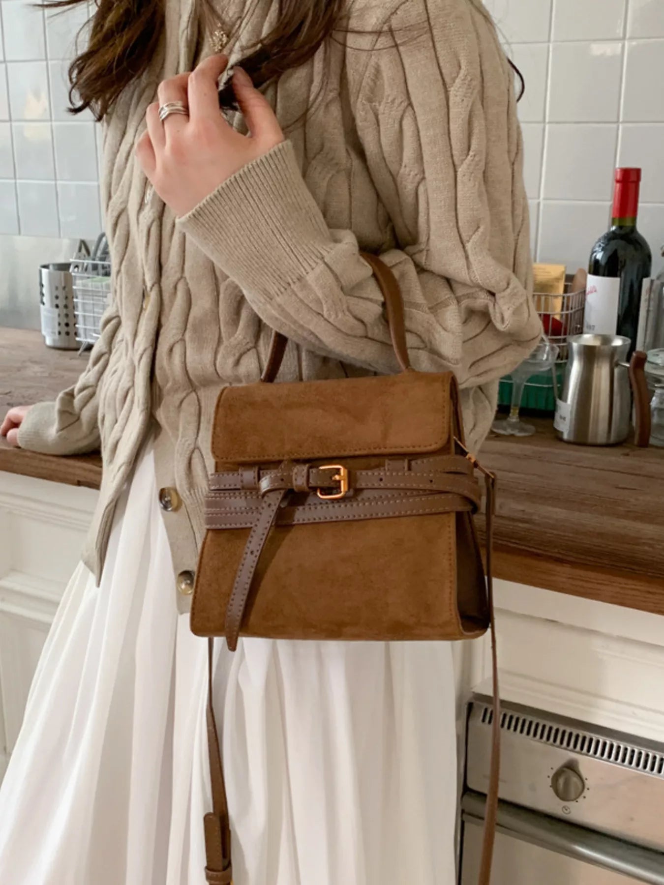Suede Buckle Decor Crossbody Bag