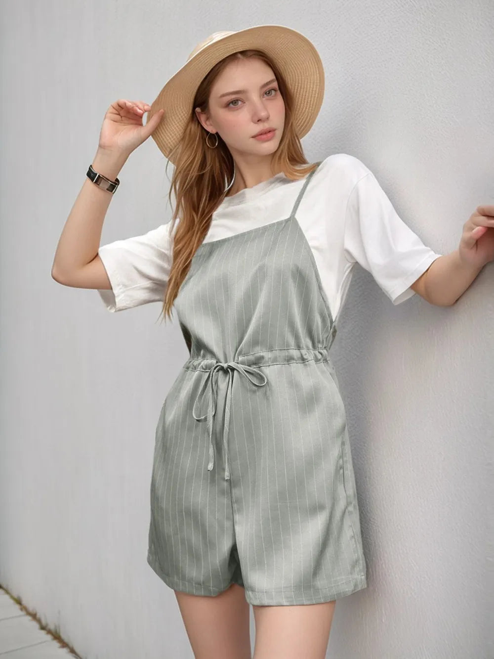 Perfee Drawstring Waist Striped Overalls with Pockets