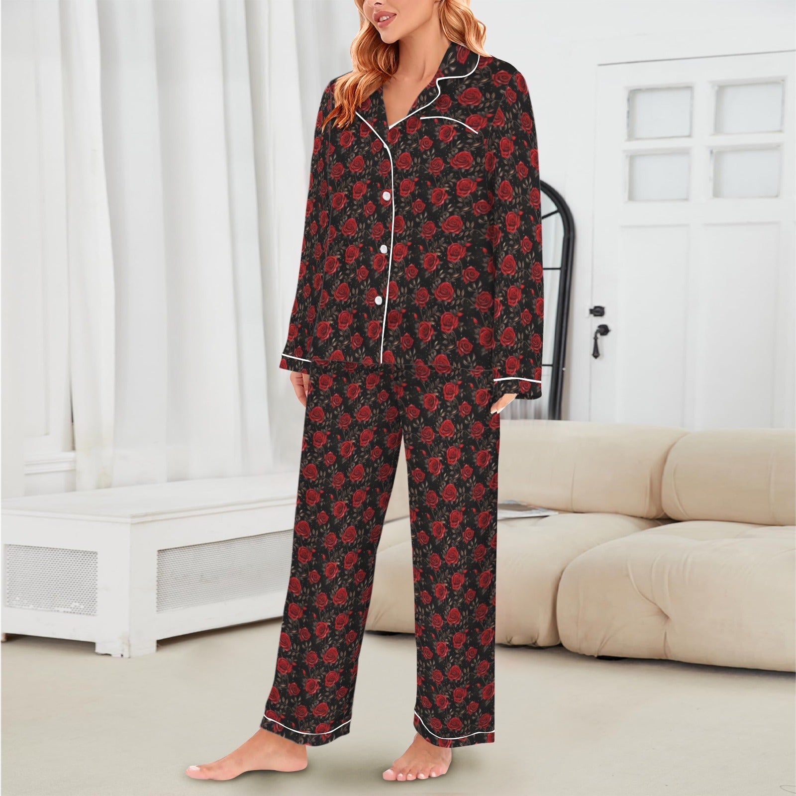 Baha Ranch Colores De Mexico Red Roses Satin Pajama Set
