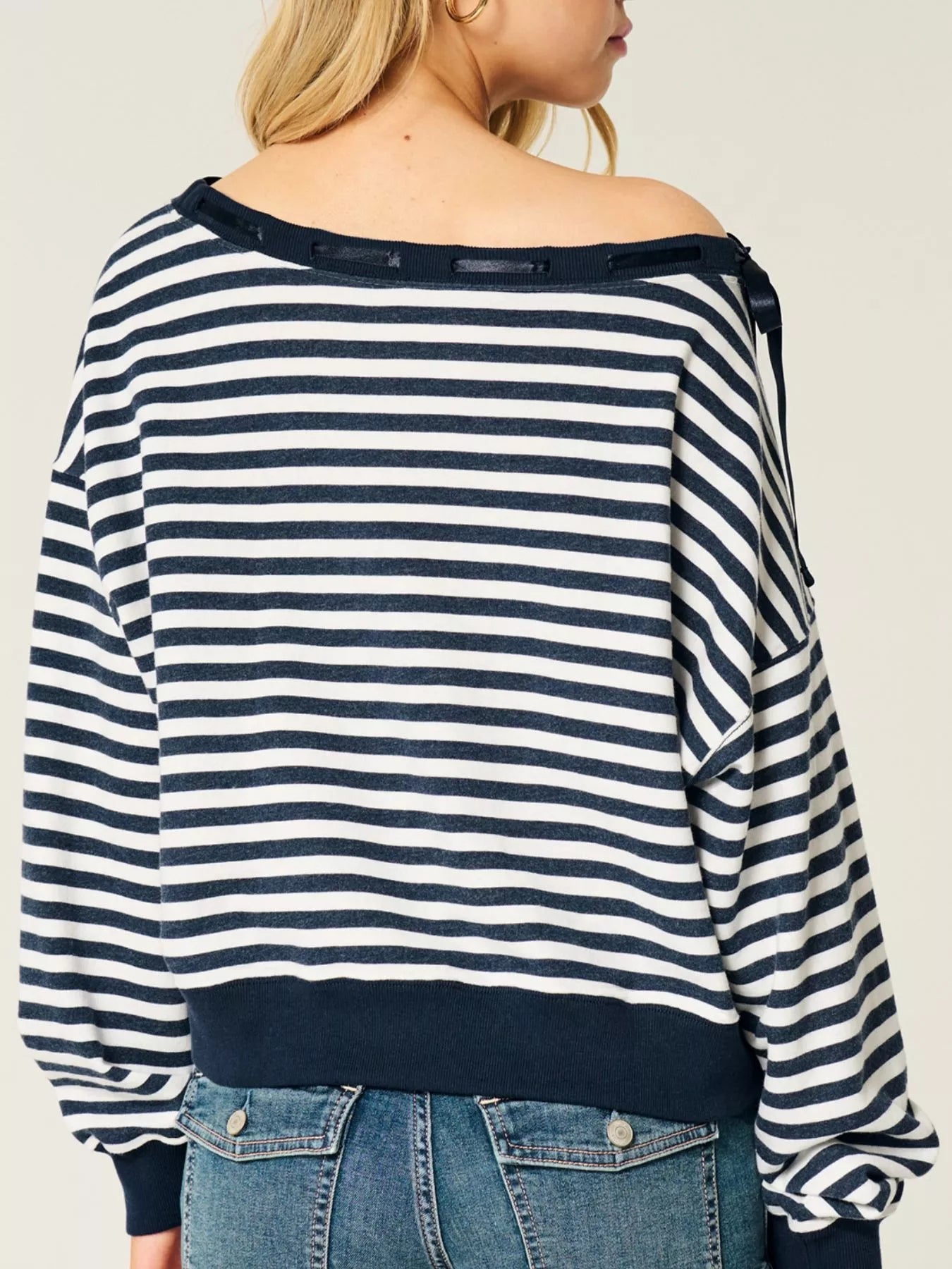 Striped Off-Shoulder Ribbon Accent Sweatshirt
