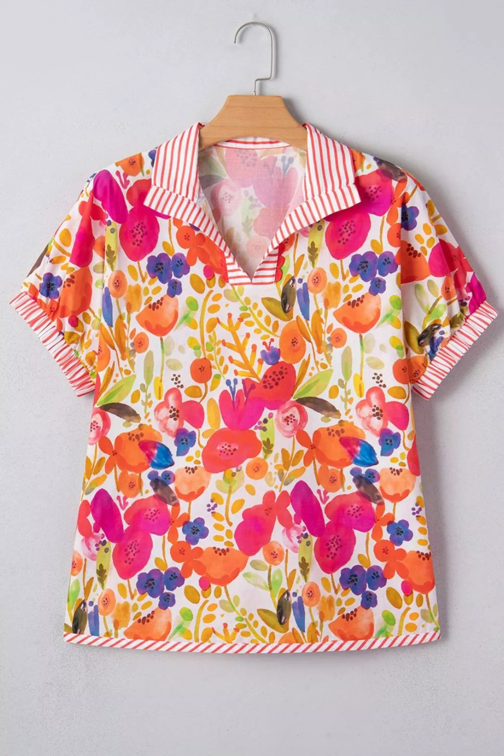 Striped Trim Collared V Neck Short Sleeve Floral Print Blouse