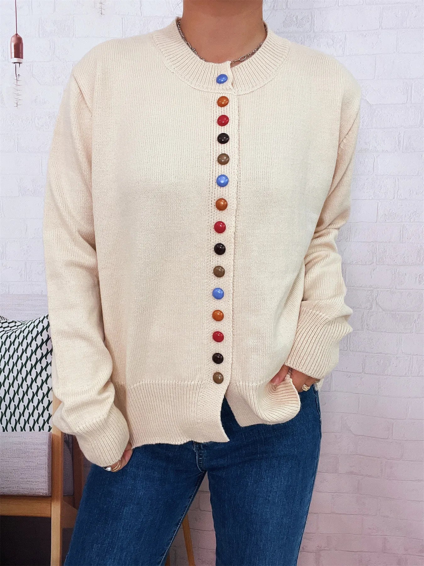 Button-Front Cardigan with Colorful Detail Buttons