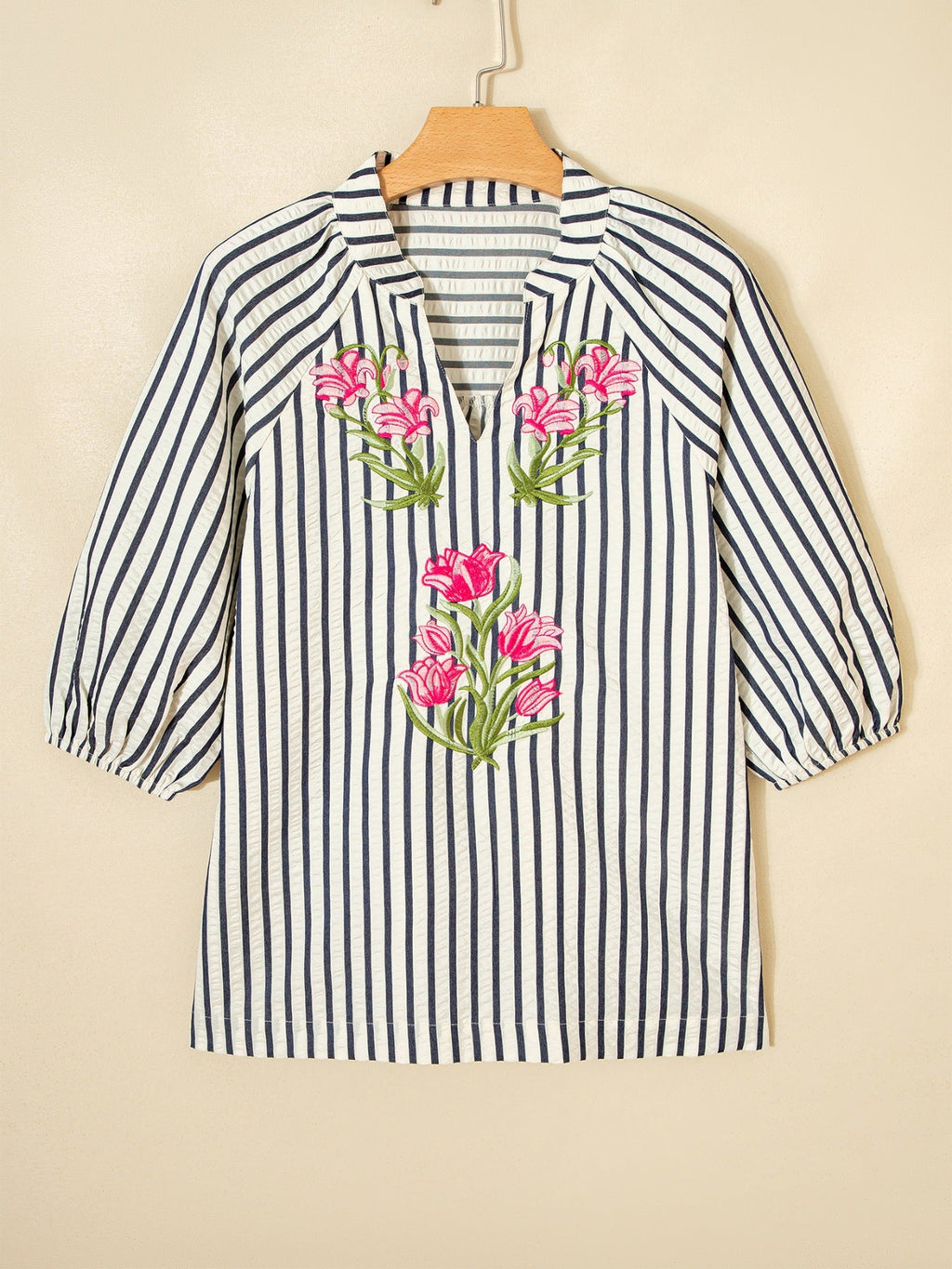 Stripe Floral Embroidered Detail V Neck Short Sleeve Blouse