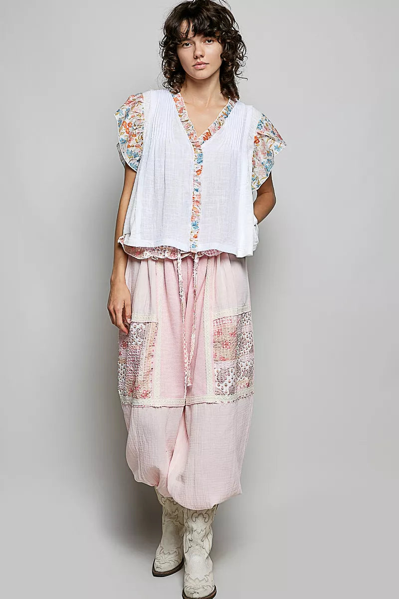 POL V-Neck Floral Ruffle Sleeve Blouse