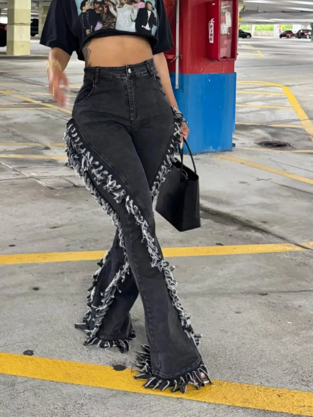 Frayed Trim High Waist Flare Jeans