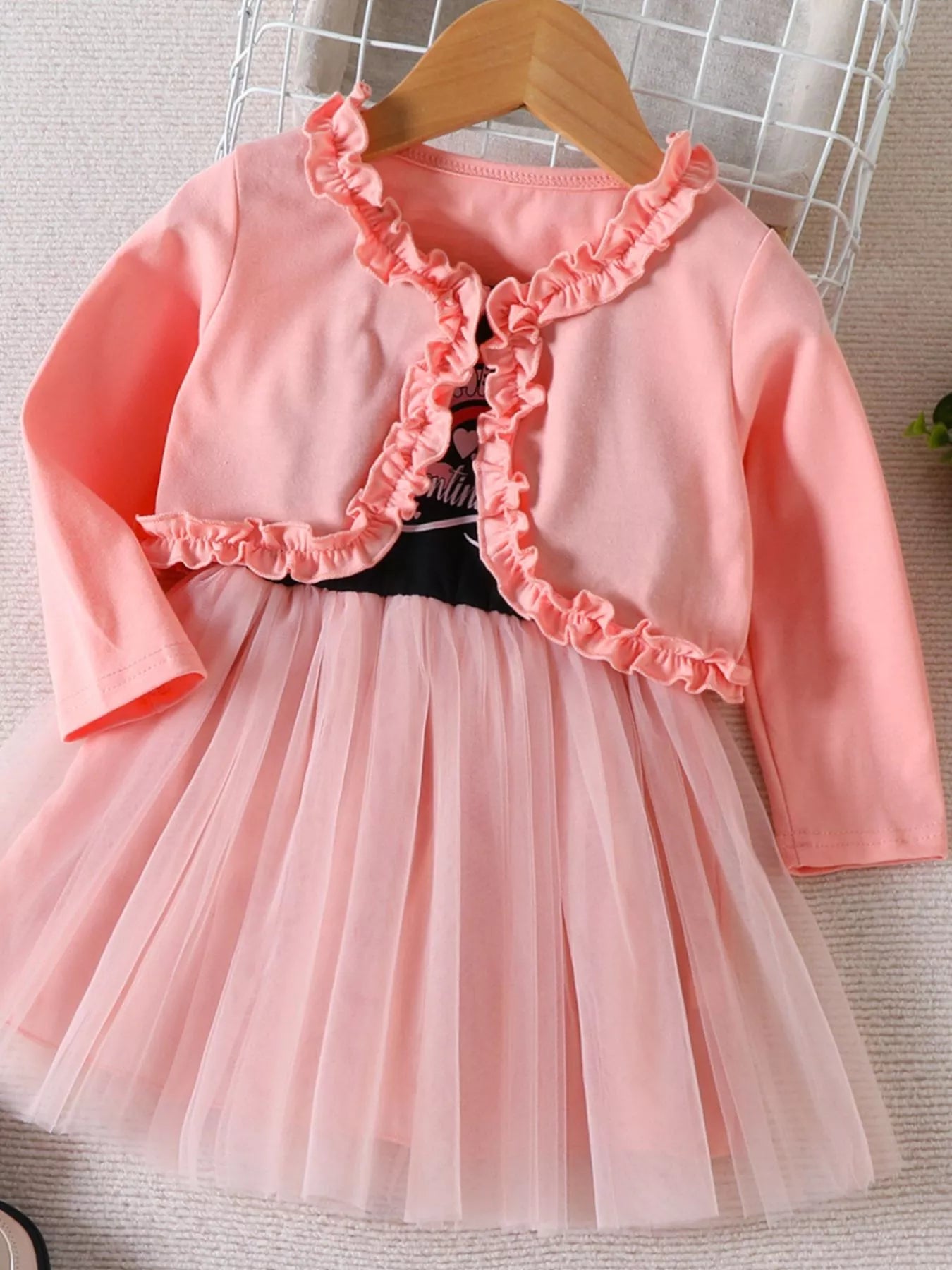 Children's Frill Cardigan and Rainbow Print Tulle Dress Set