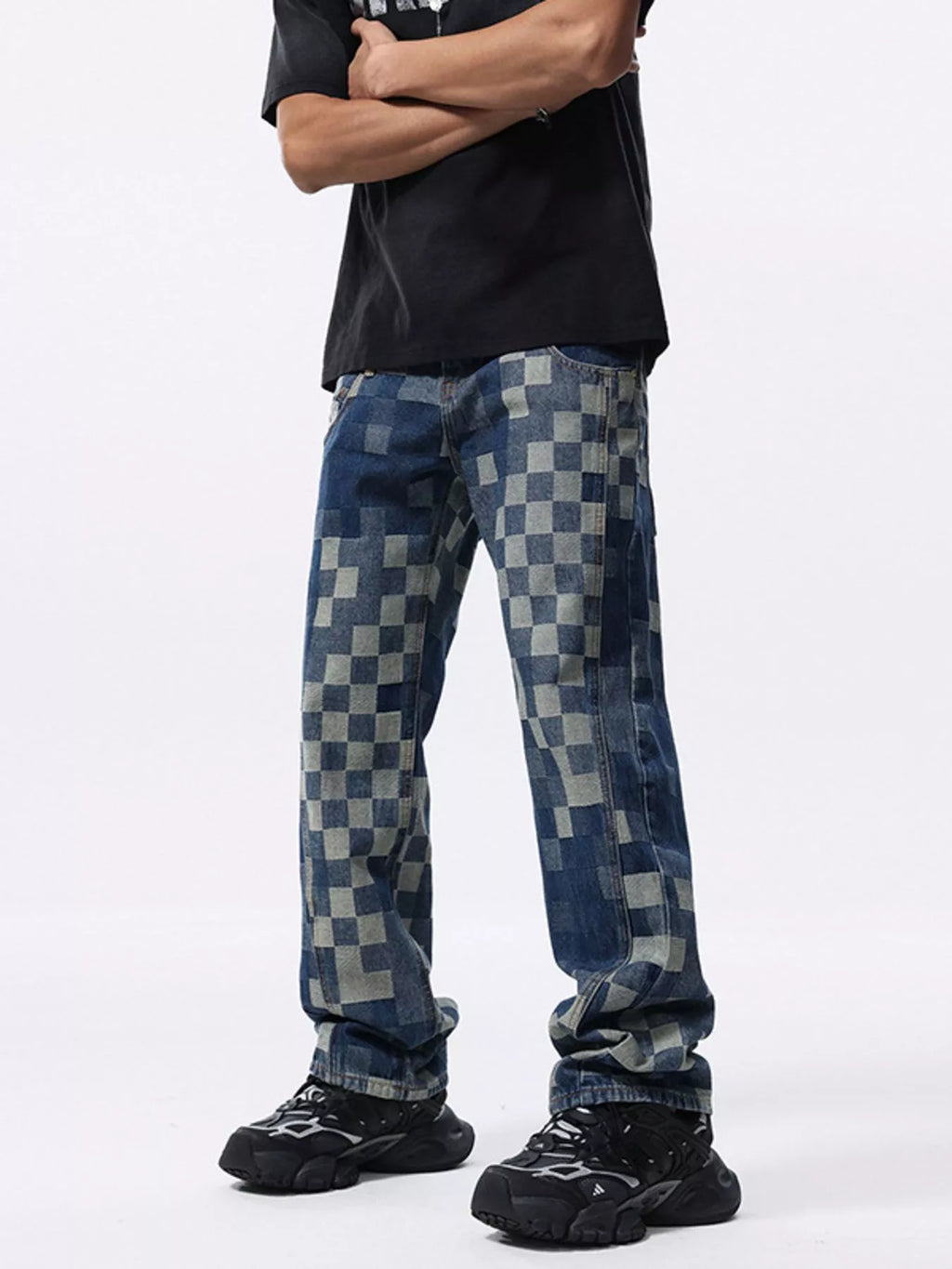 Men's Checkerboard Pattern Relaxed Fit Jeans