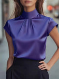 High Neck Cap Sleeve Satin Blouse