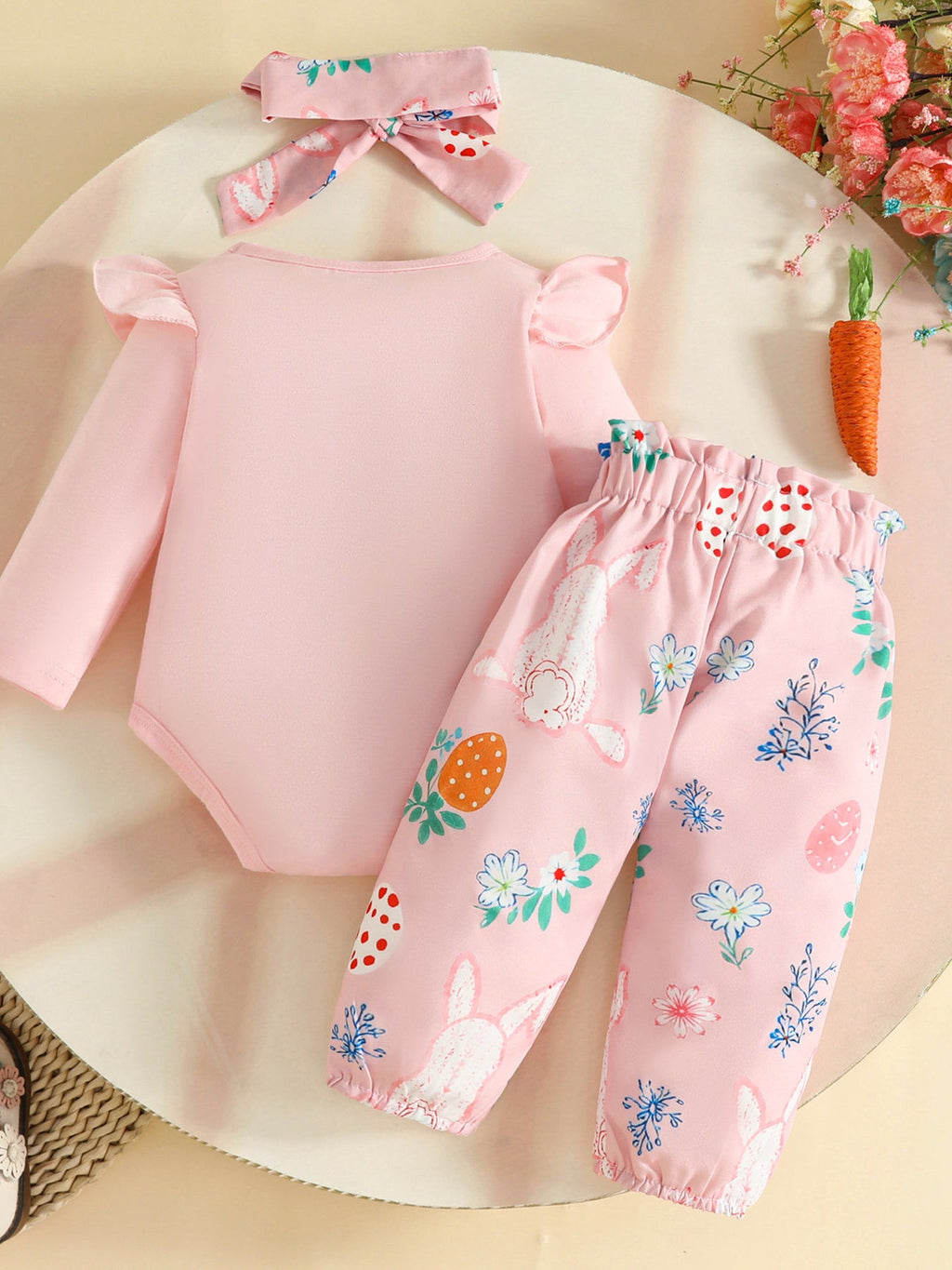 Children's Easter Bunny Long Sleeve Bodysuit and Pants Set with Headband