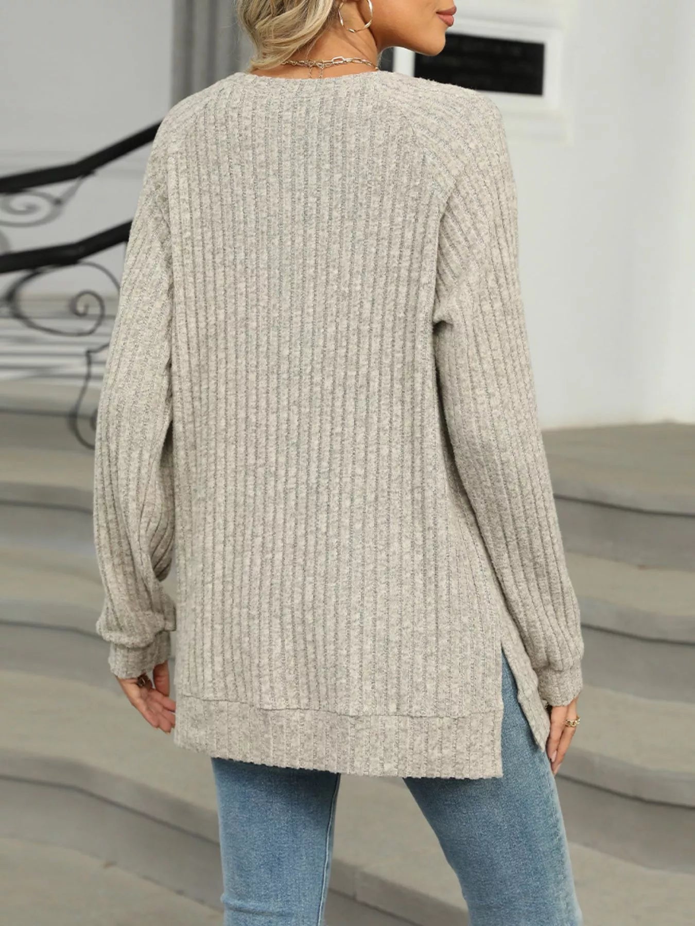 Round Neck Side Slit Ribbed Knit Top with Asymmetric Button Detail