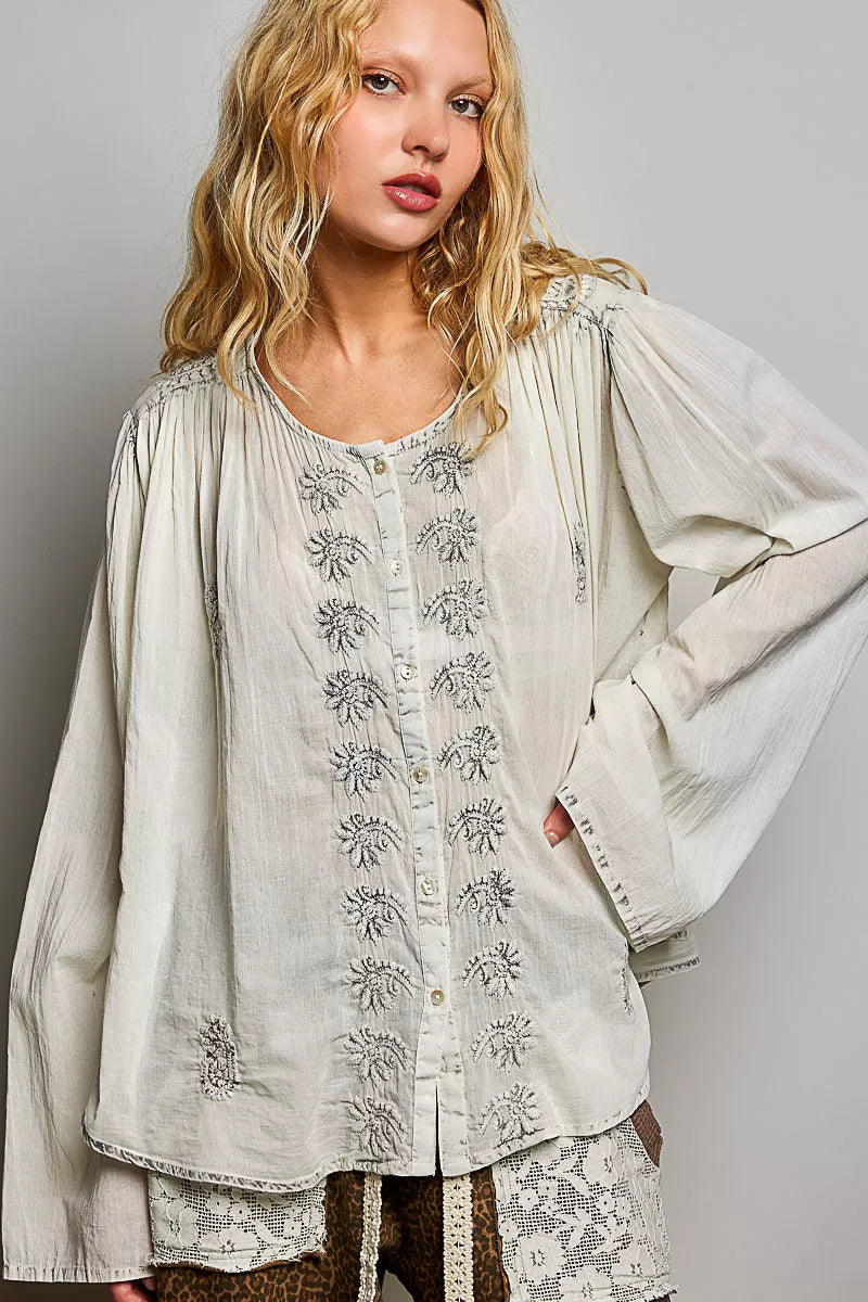 POL Embroidered Button Front Woven Shirt