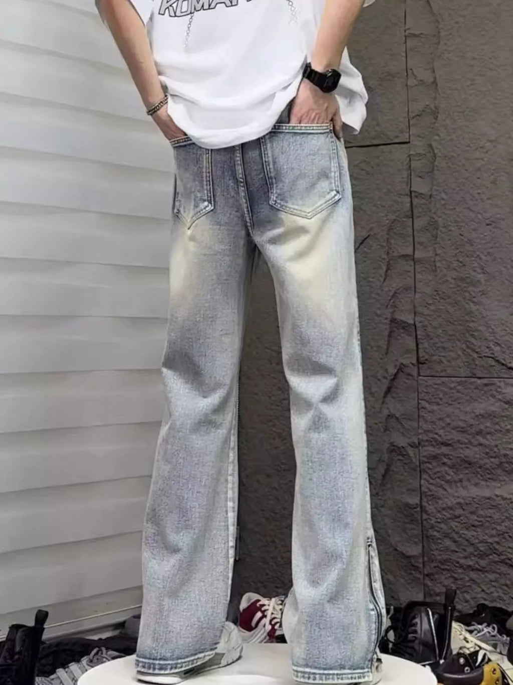 Men's Full Size Vintage Wash Wide Leg Jeans Plus Size