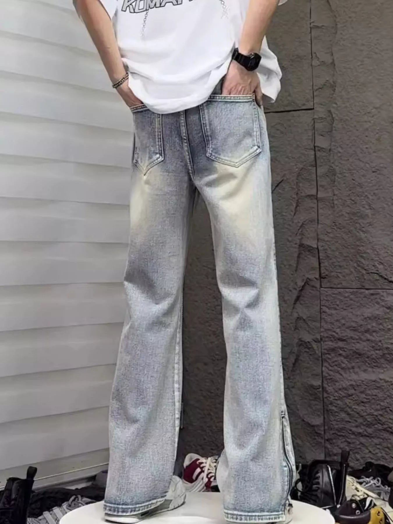 Men's Full Size Vintage Wash Wide Leg Jeans Plus Size