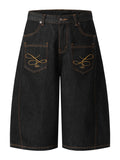 Men's Wide Leg Denim Shorts with Embroidered Pocket Detail