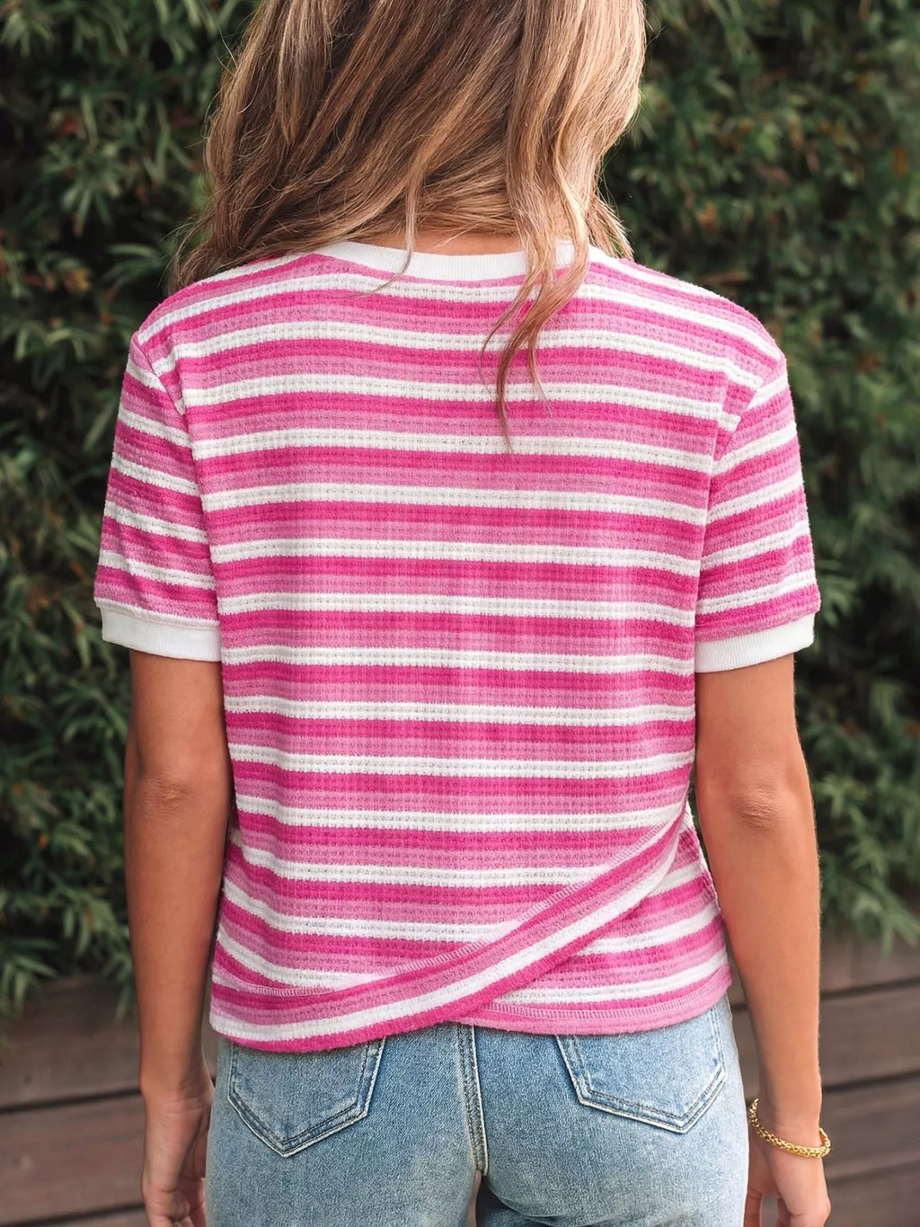 Textured Knit Short Sleeve Crossed Detail Tee