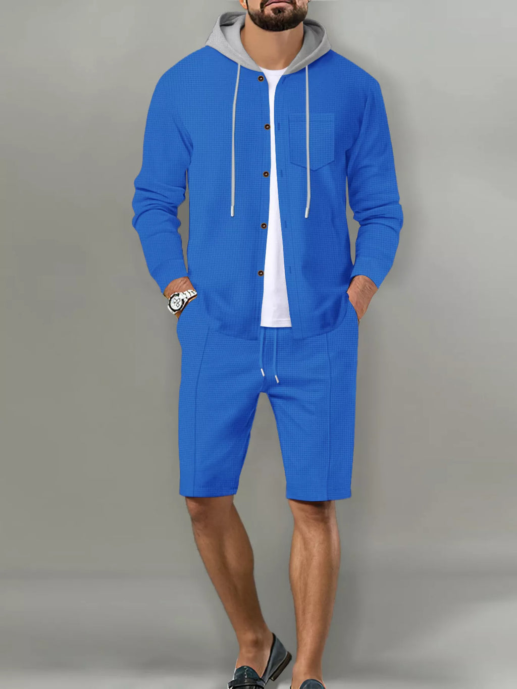 Men's Full Size Casual Hooded Button-Up Top and Shorts Set Plus Size