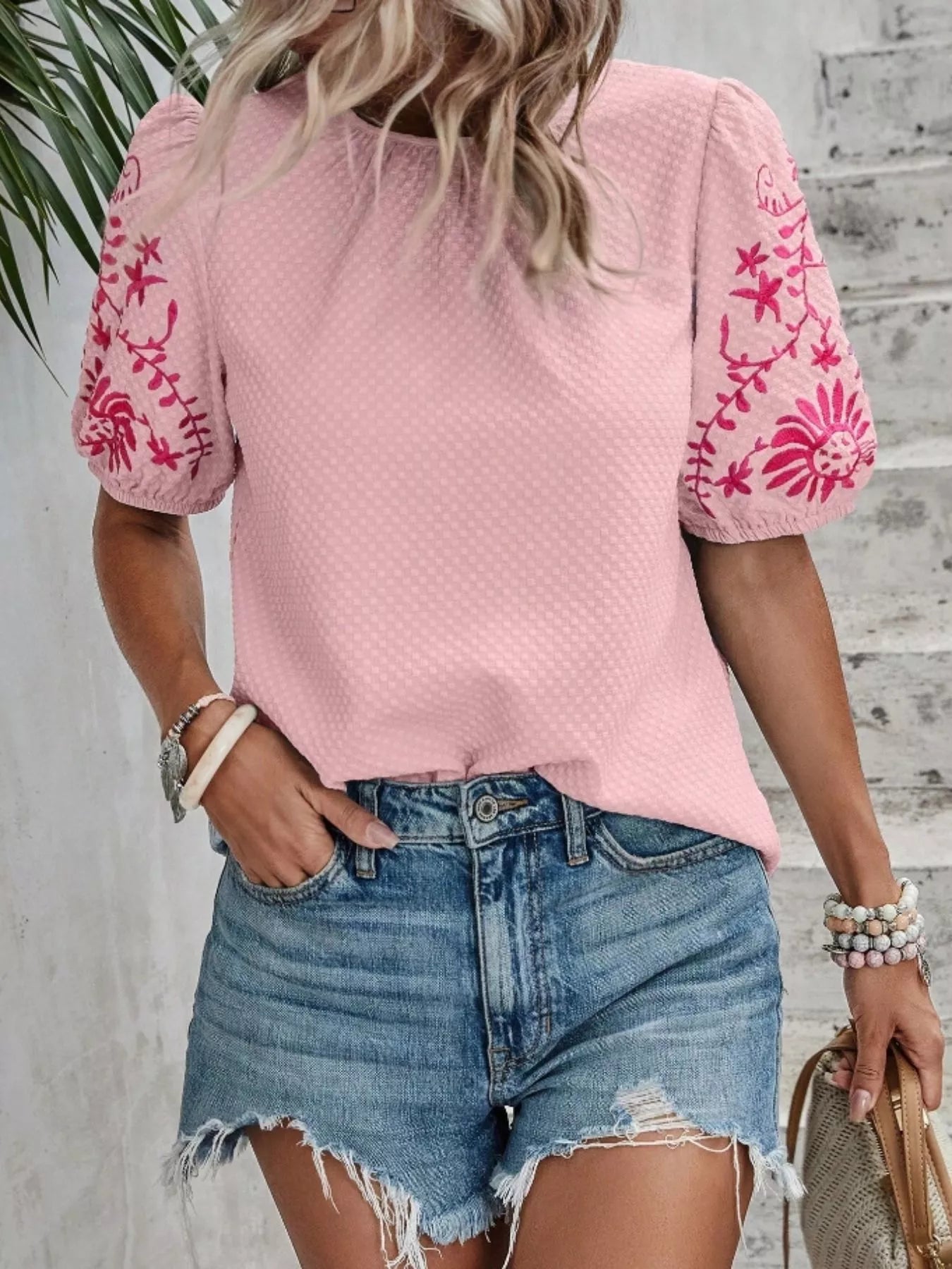Embroidered Puff Sleeve Blouse