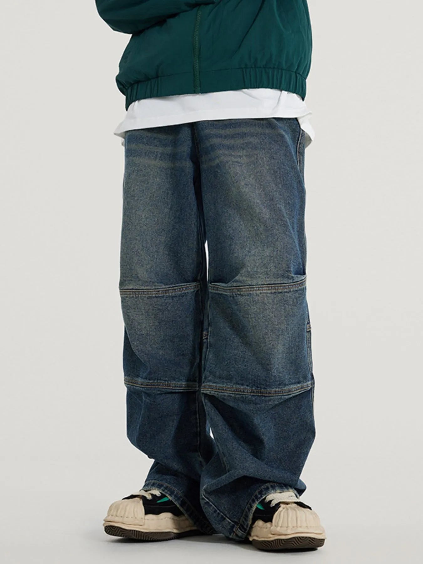 Men's Vintage Wide Leg Utility Jeans with Multi-Panel Design