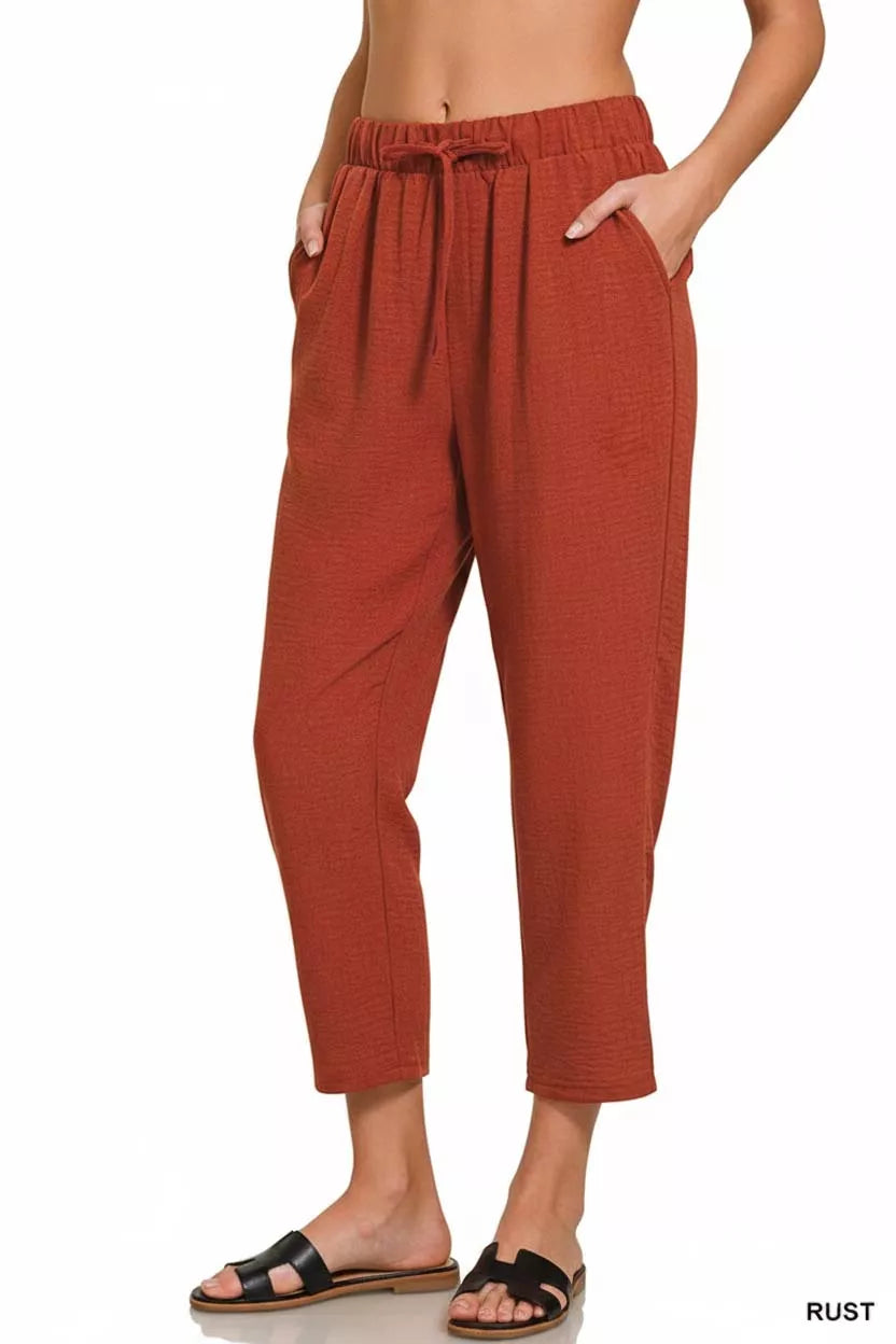 Zenana Woven Crepe Elastic Band Waist Pants