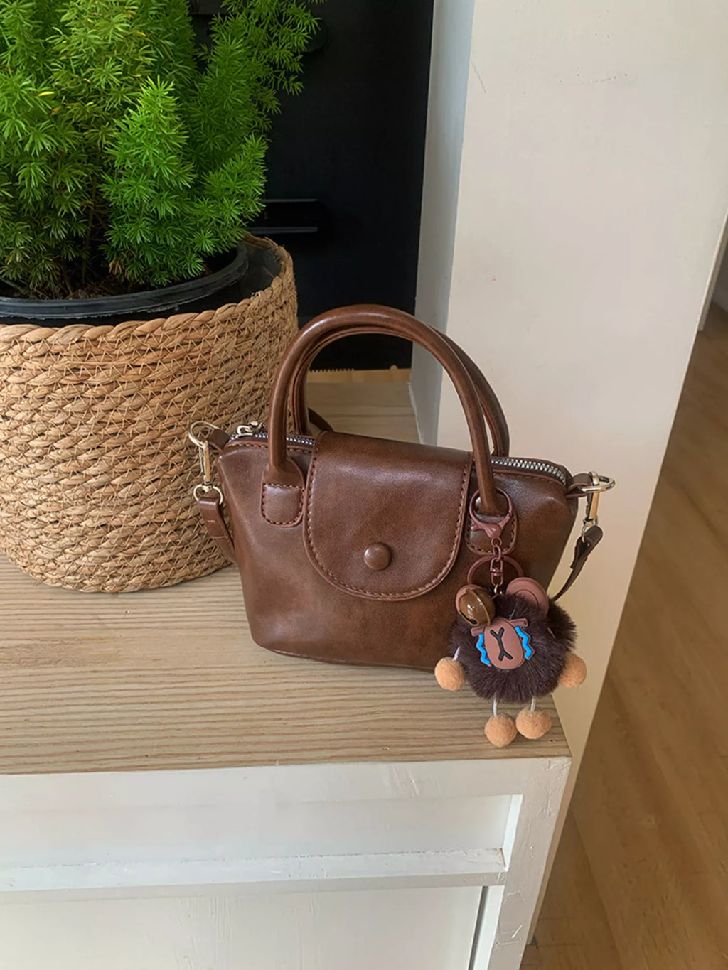 Two-Tone Flap Decor Crossbody Bag with Charm