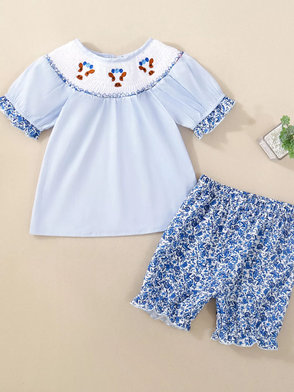 Children's Smocked Floral Blouse and Shorts Set