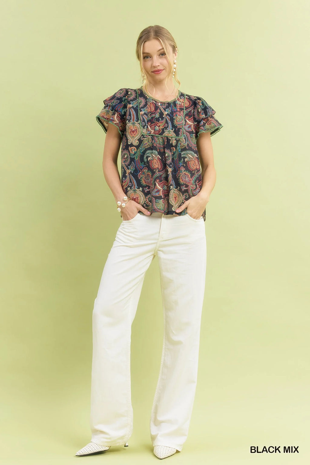 Umgee Mix Paisley Ruffle Sleeve Top