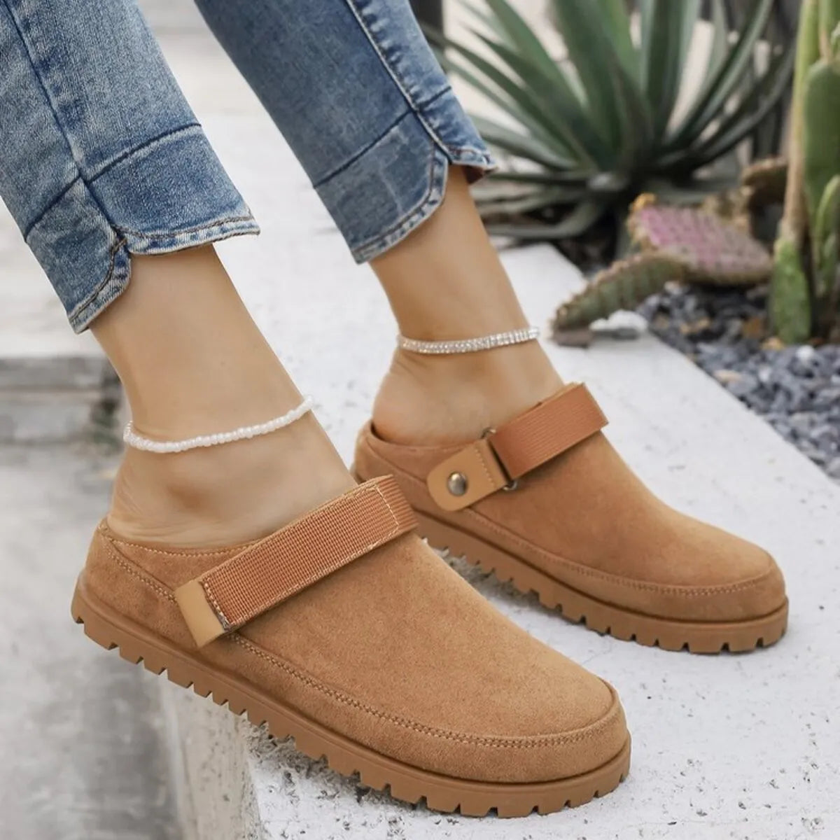 Suede Slip-On Mule Loafers with Adjustable Strap