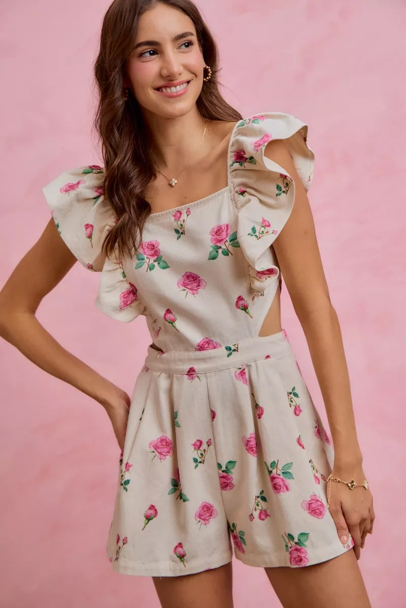 SO ME Floral Print Denim Cut Out Waist Ruffled Romper