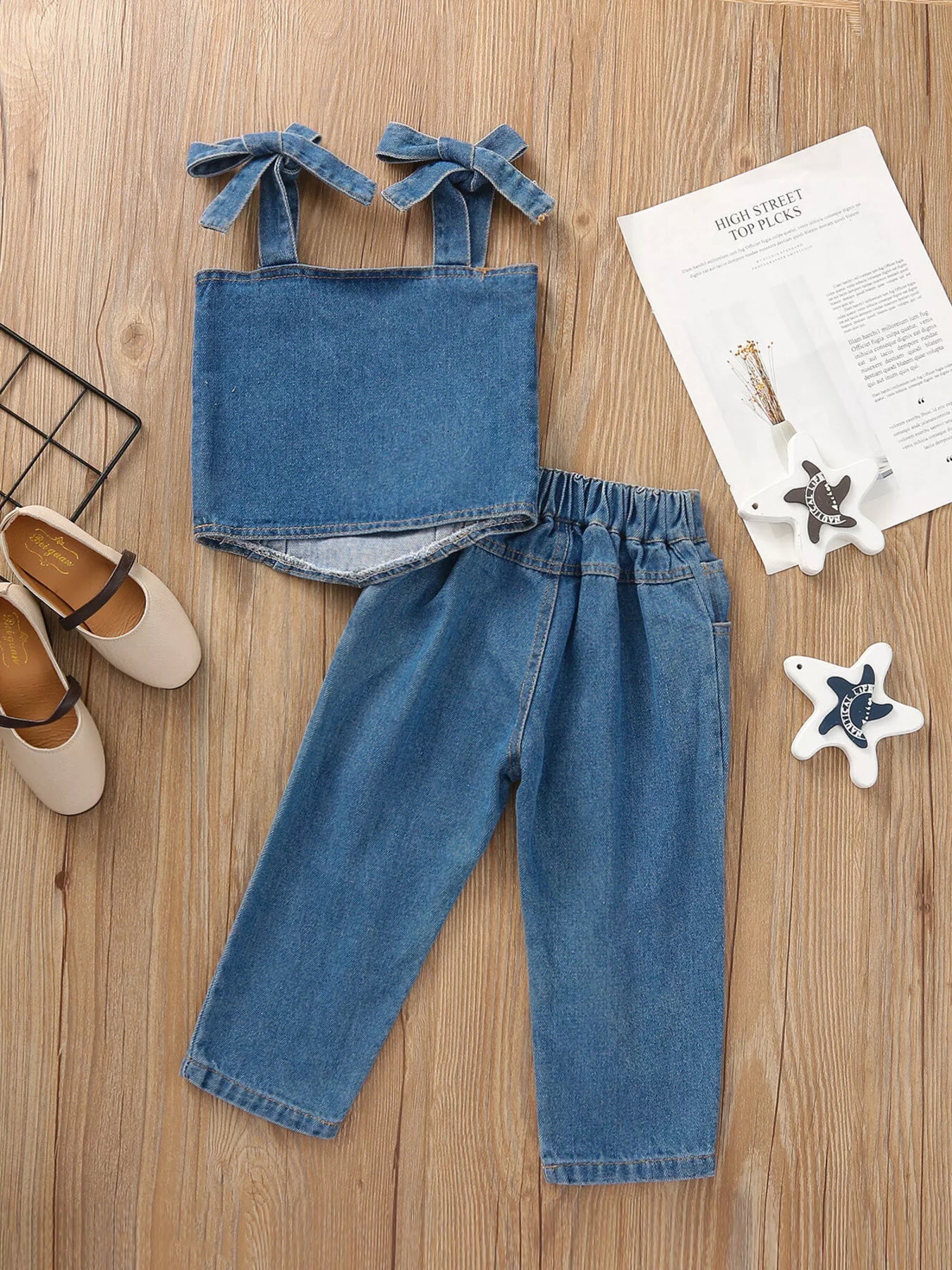 Children's Tie Shoulder Tank and Distressed Jeans Set