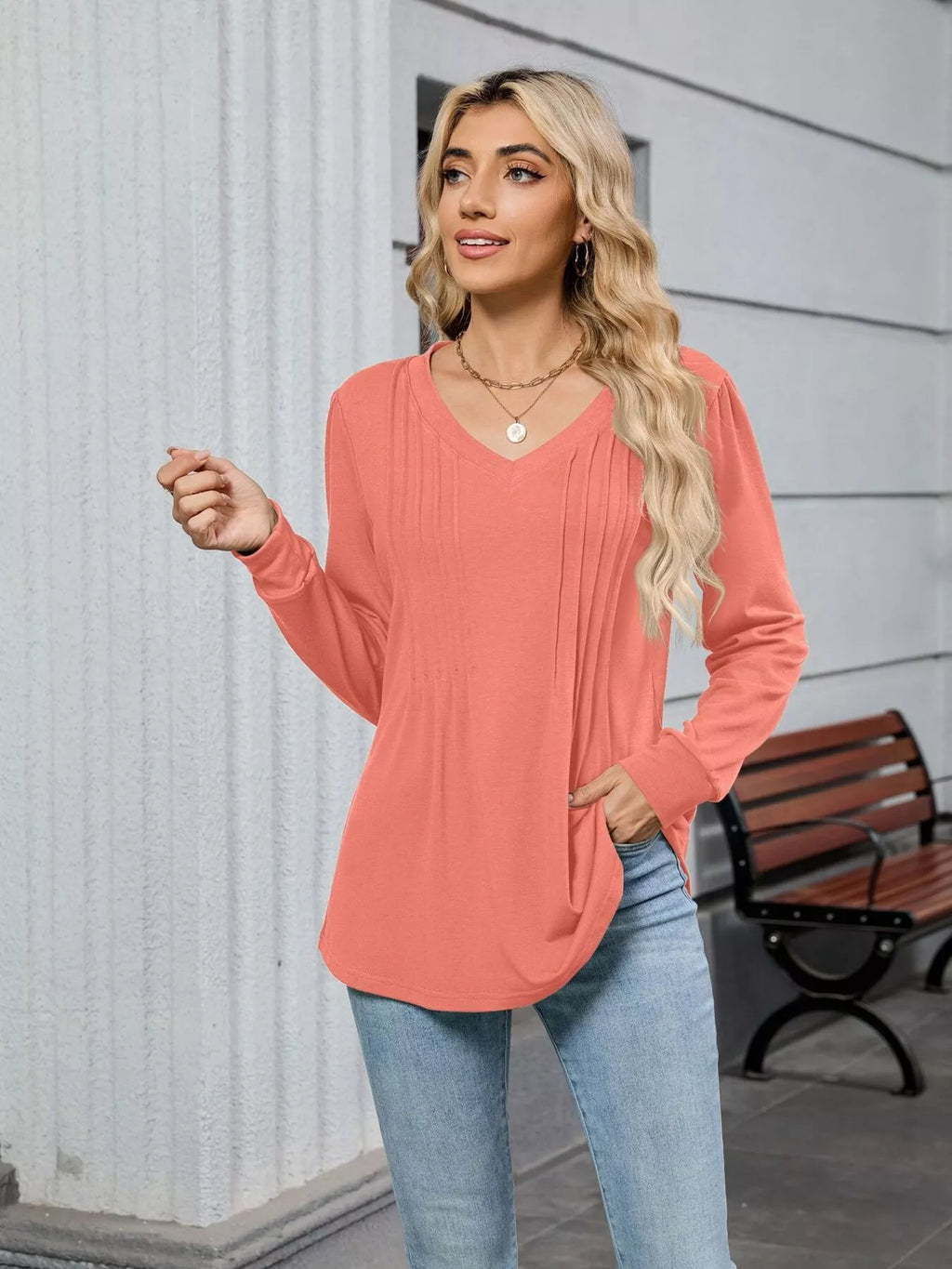 V-Neck Long Sleeve Relaxed Fit T-Shirt