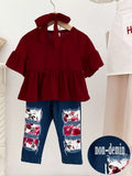 Children's Ruffle Sleeve Top & Floral Patch Pants Set