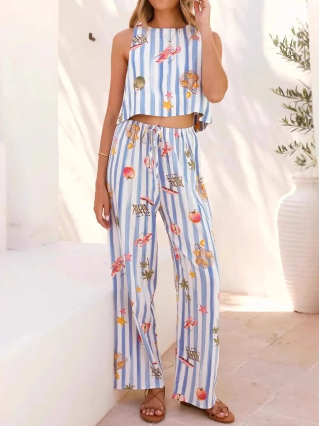 Printed Stripe Tank and Pants Set