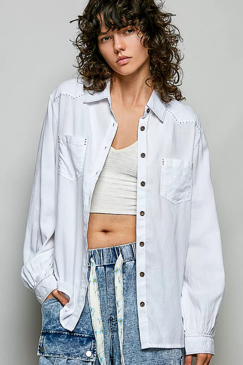 POL Washed Textured Cotton Western Button Front Shirt