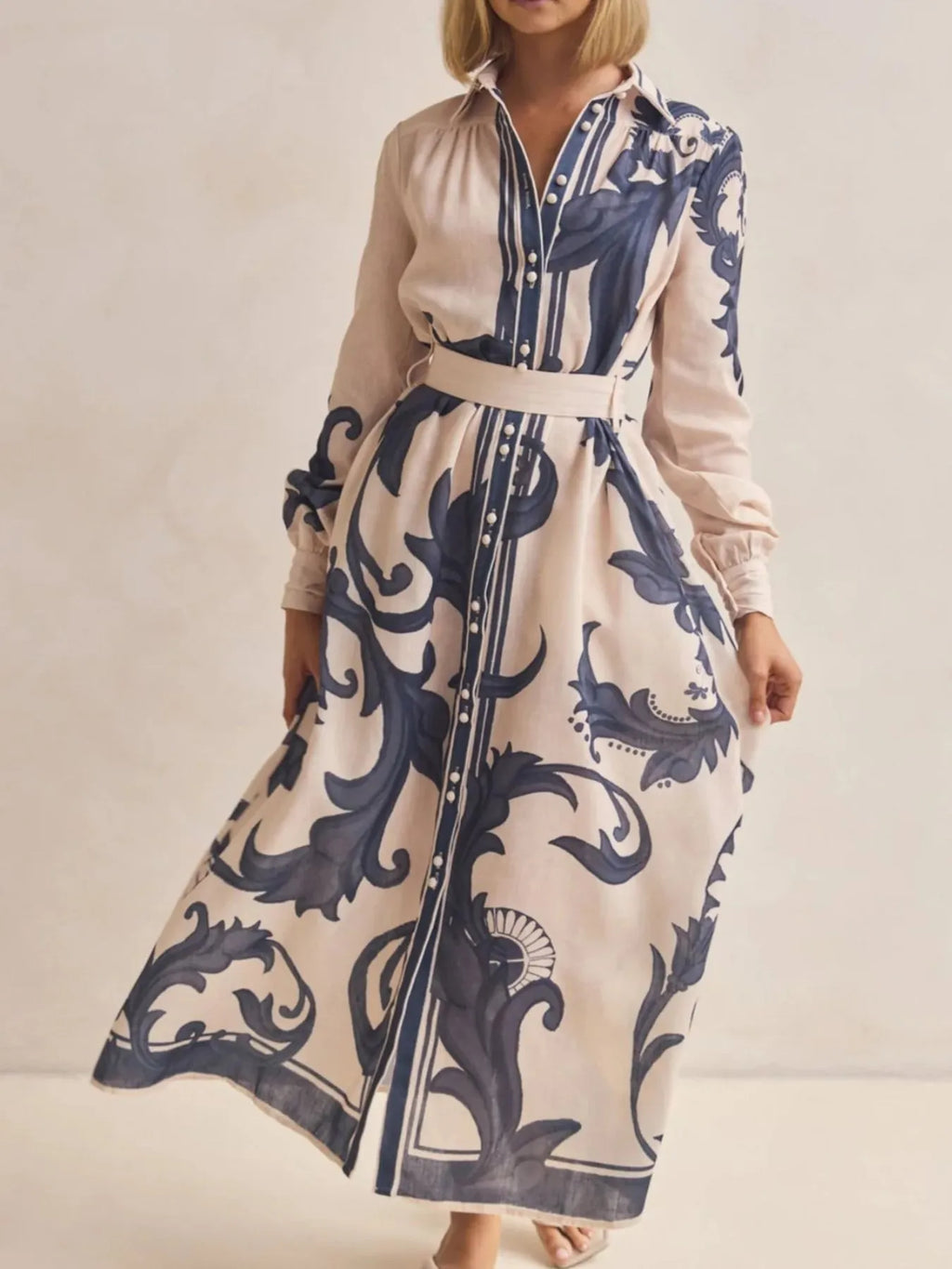 Printed Button Down Belted Shirt Dress