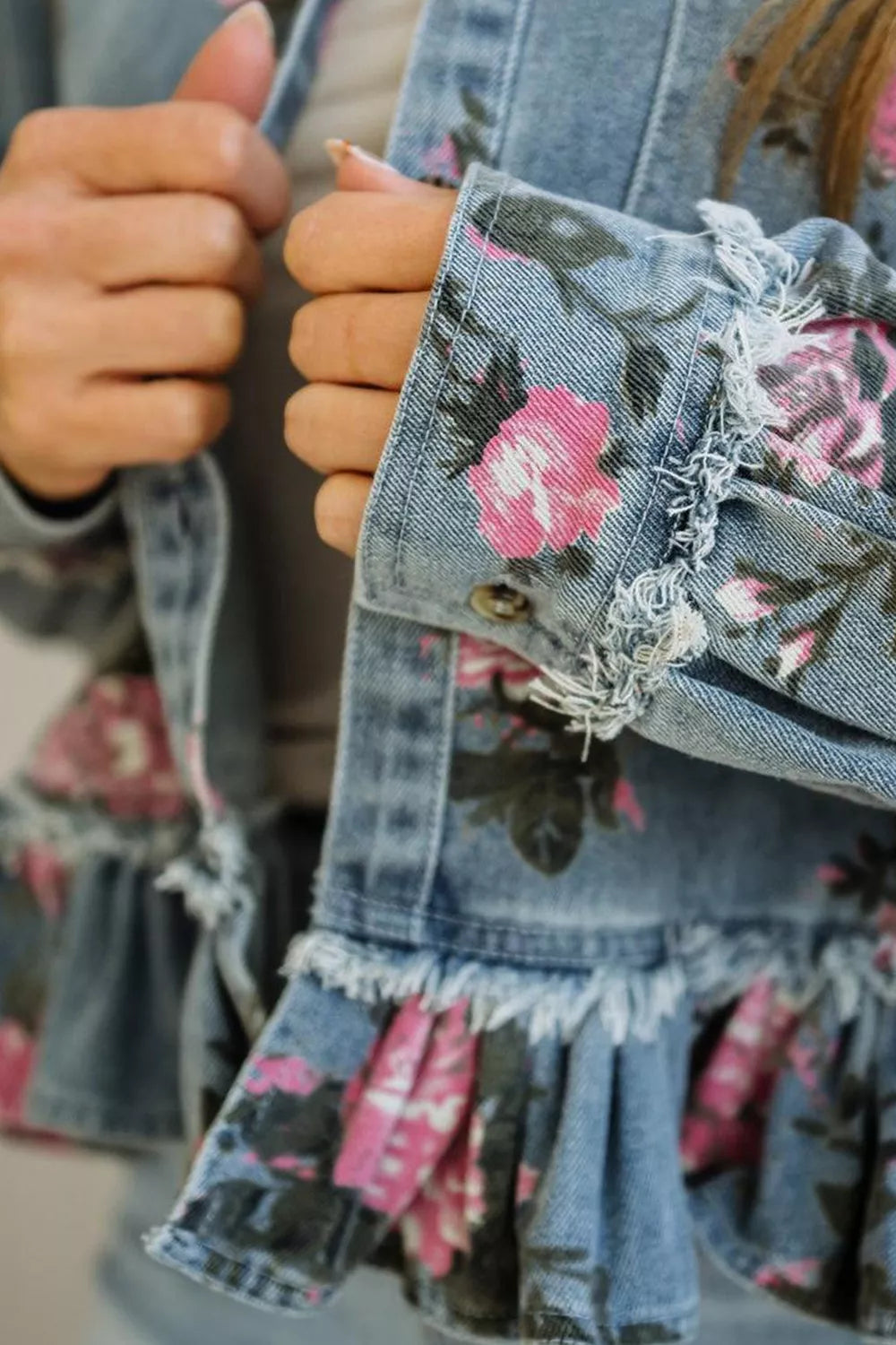 Floral Print Denim Jacket with Ruffled Hem