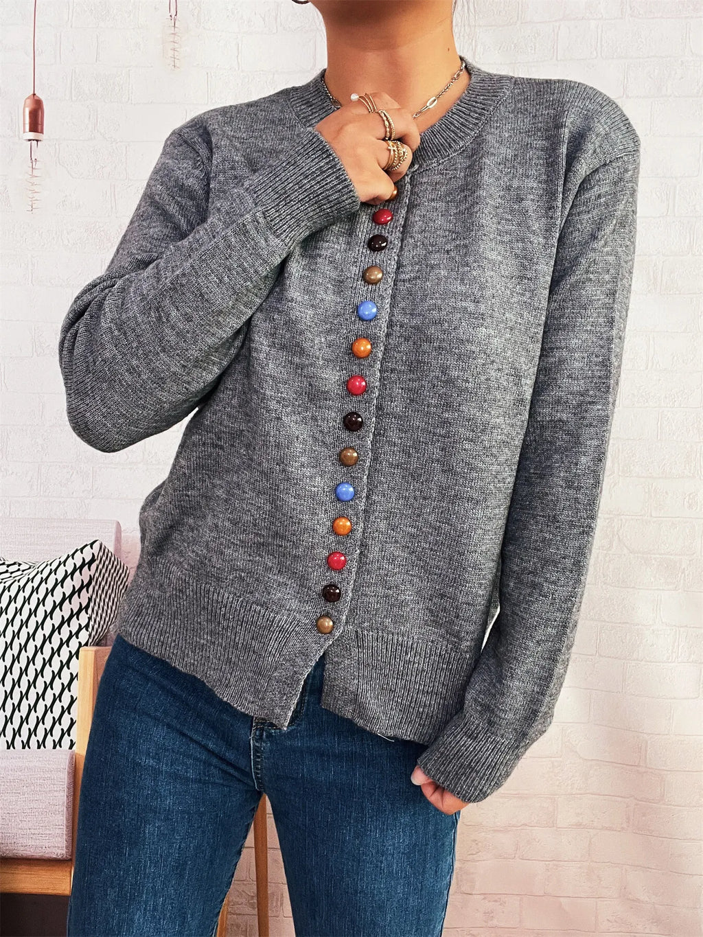 Button-Front Cardigan with Colorful Detail Buttons
