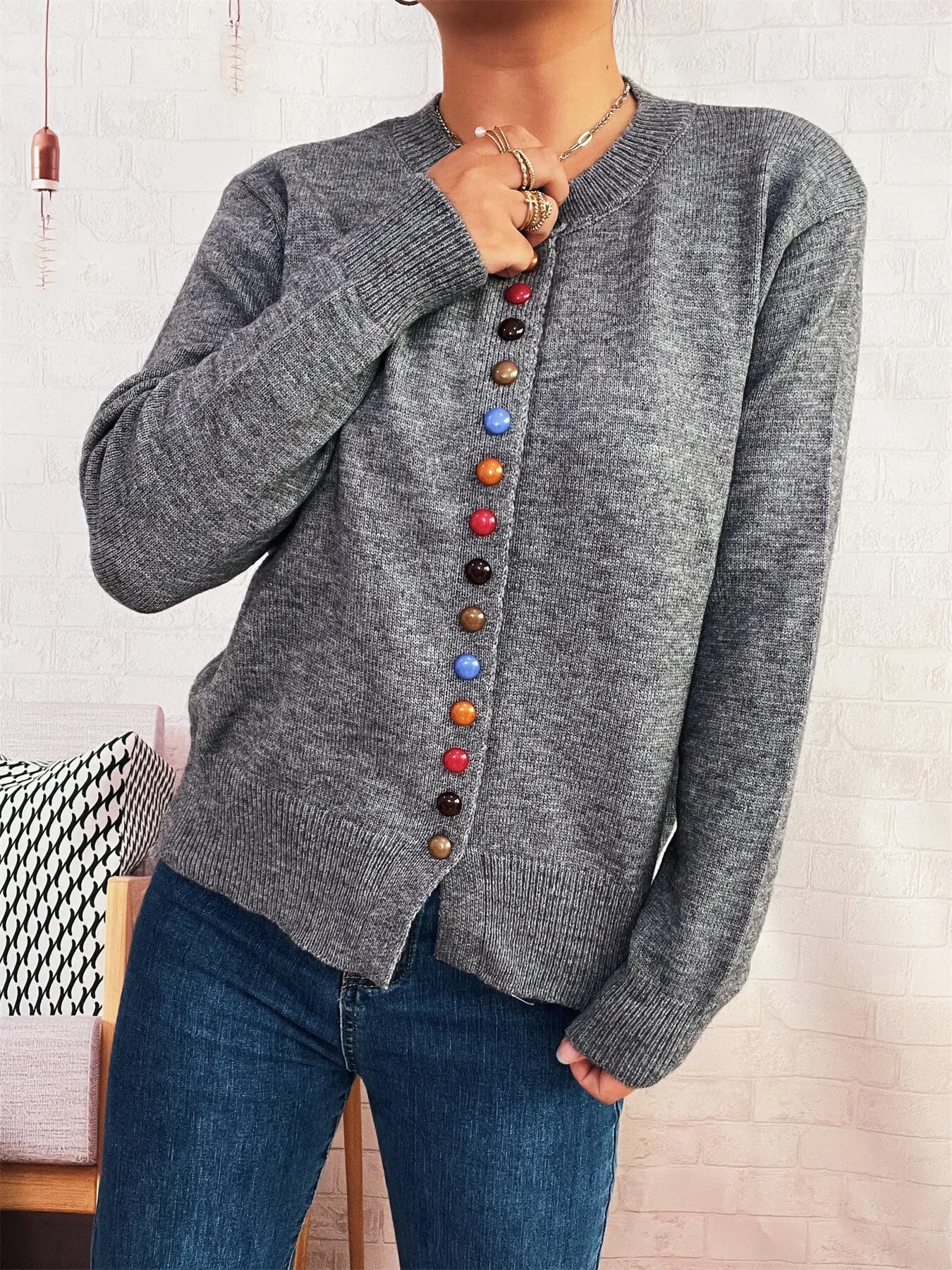 Button-Front Cardigan with Colorful Detail Buttons