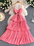 Pleated Layered Spaghetti Strap Midi Dress