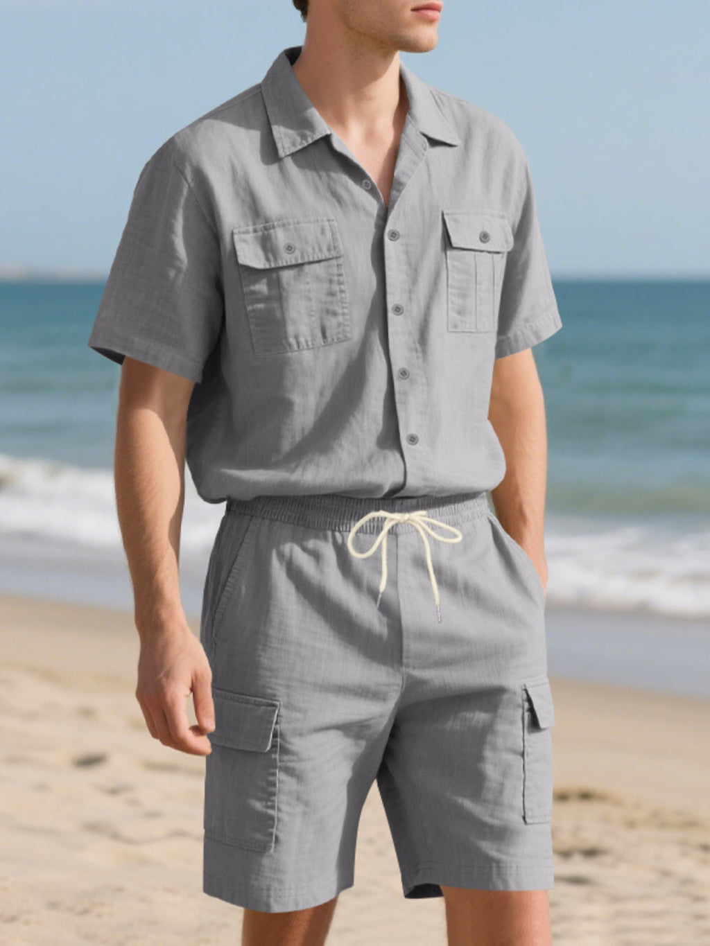 Men's Full Size Button Up Shirt and Shorts Set Plus Size