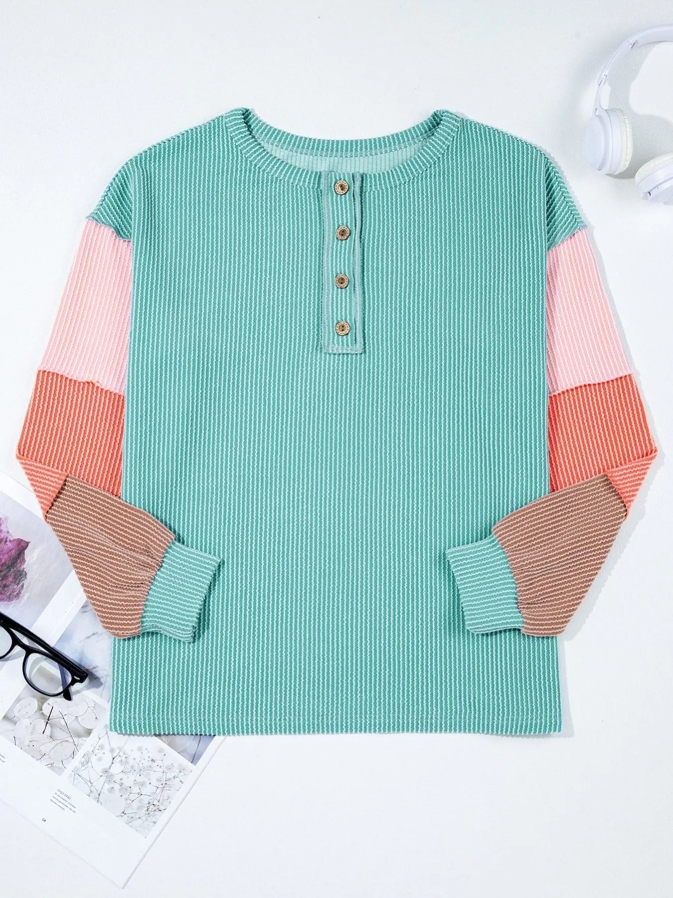 Color Block Ribbed Knit Henley Sweatshirt