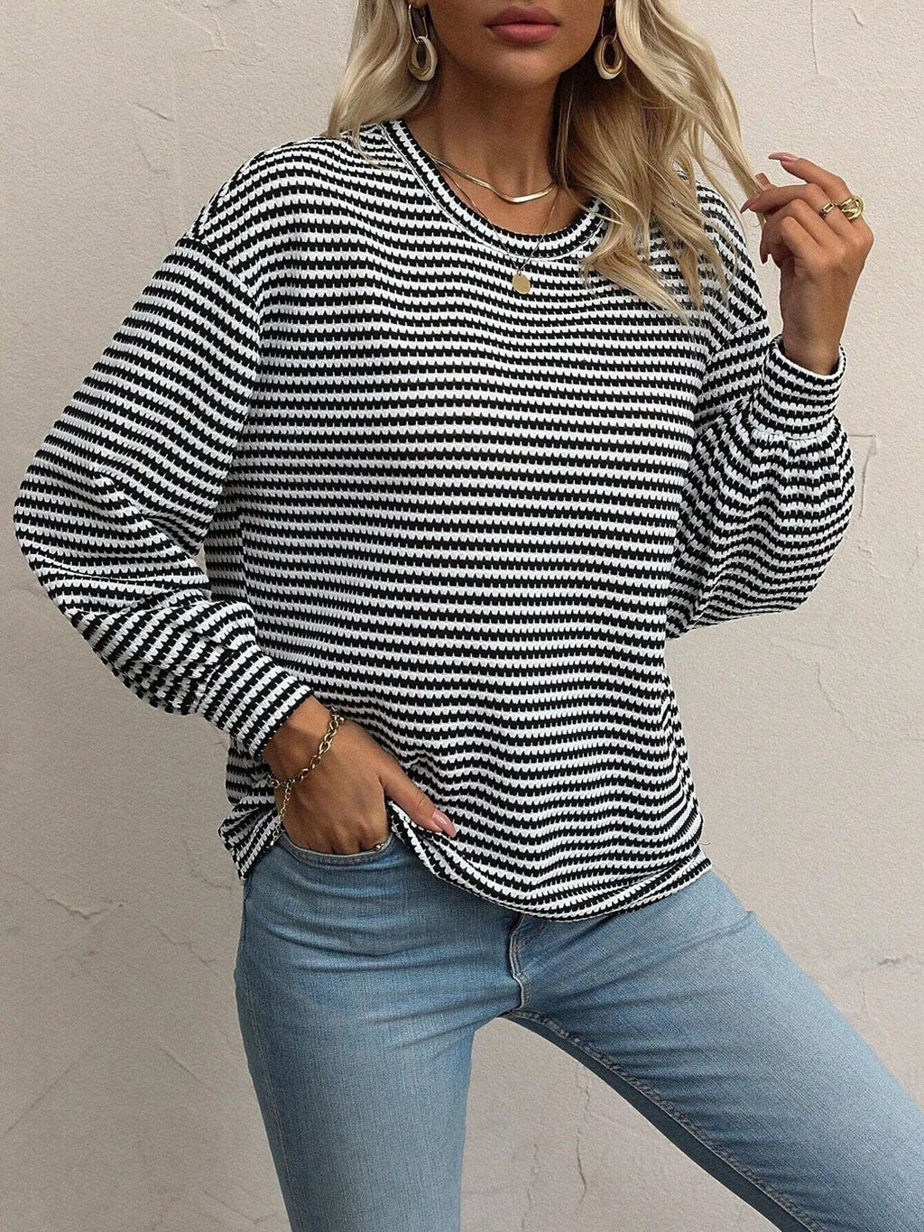 Striped Round Neck Lantern Sleeve Top