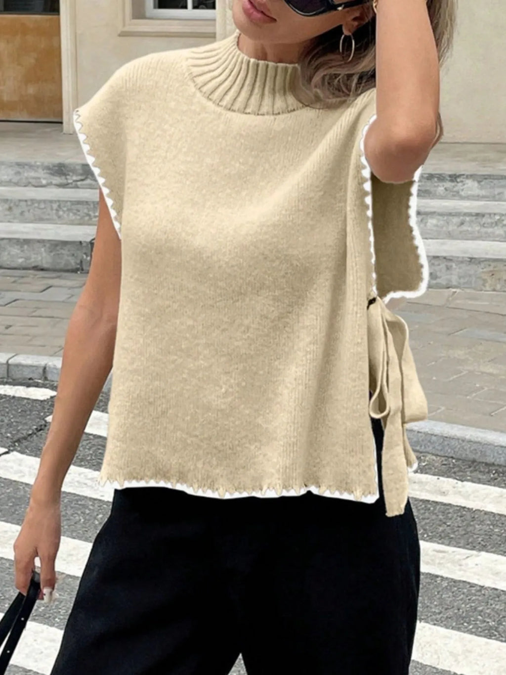 Ribbed Turtleneck Sweater Vest with Contrast Trim