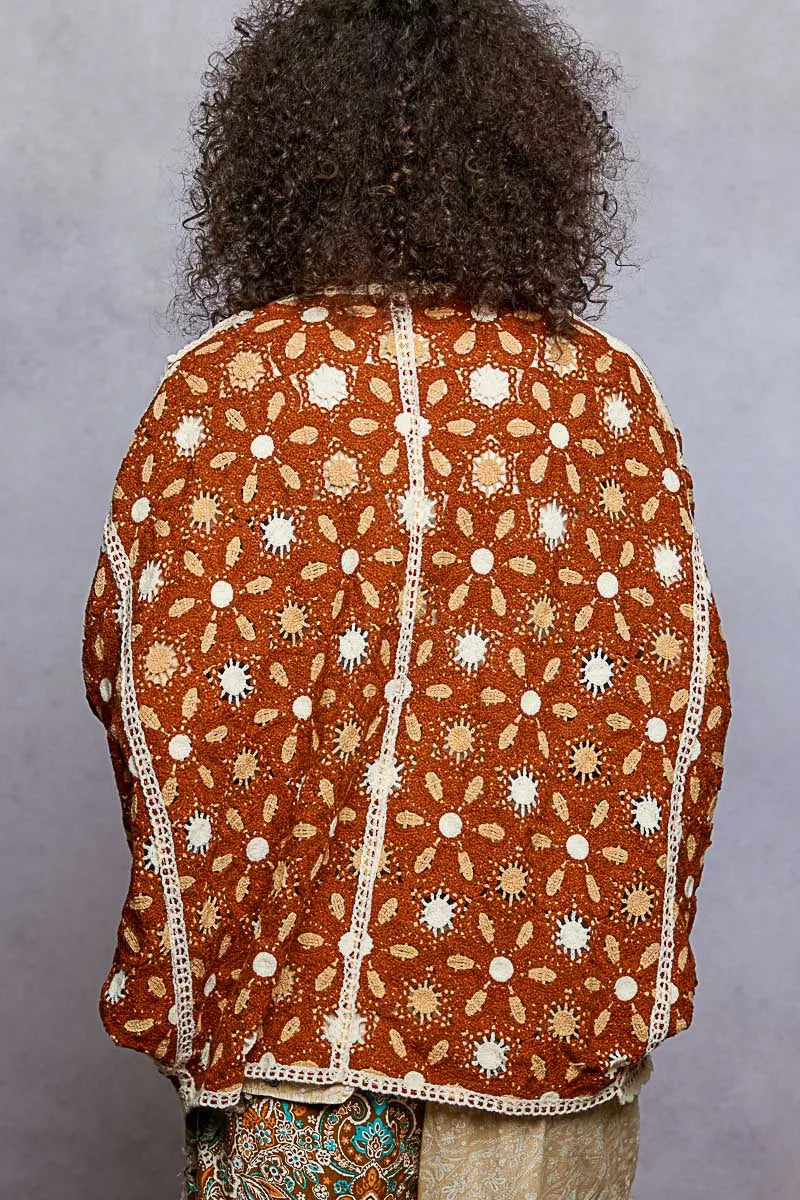 POL Open Front Floral Pattern Crochet Cardigan