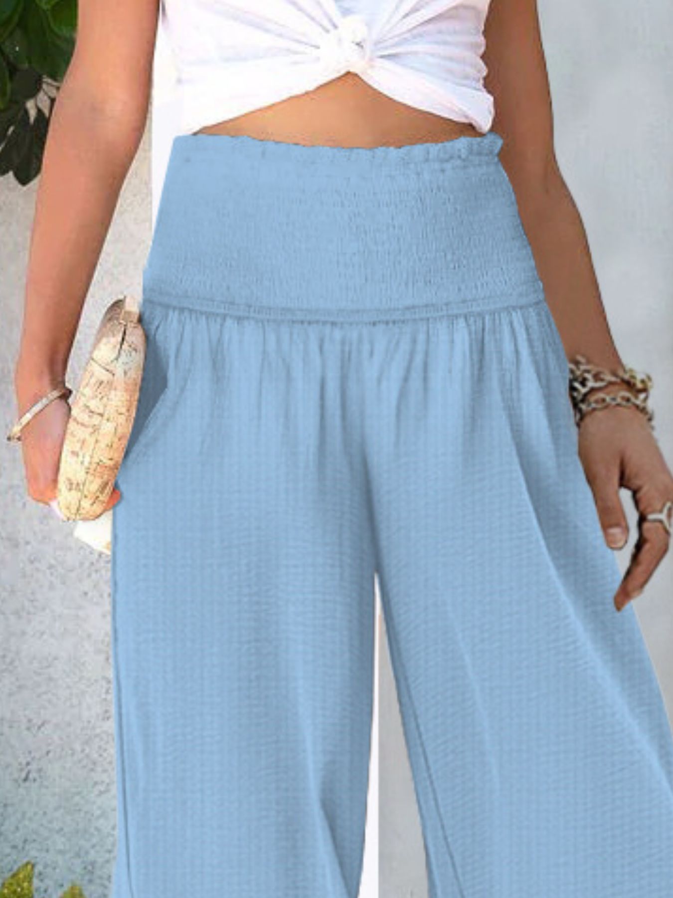 Wide-Leg Smocked Waist Pants