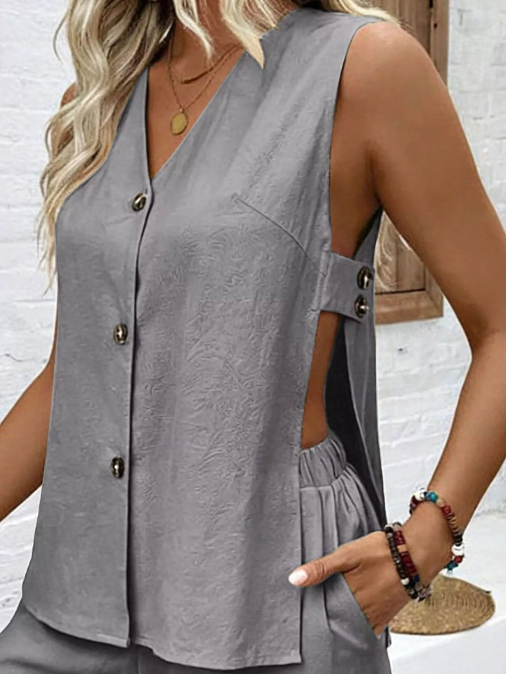 Sleeveless Button-Down Top and Shorts Set