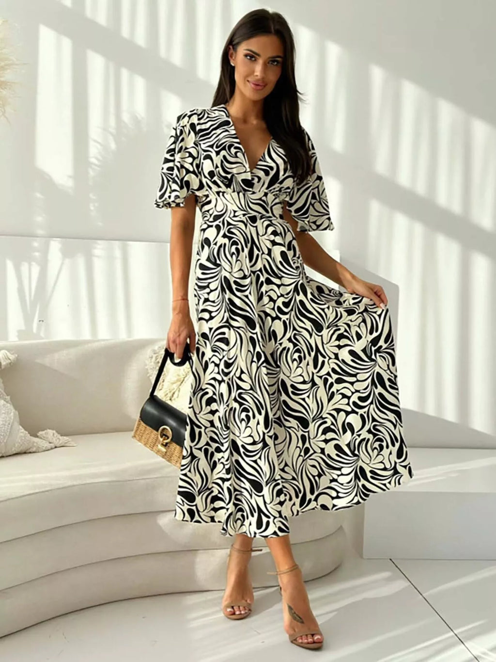 Printed Flutter Sleeve Midi Dress