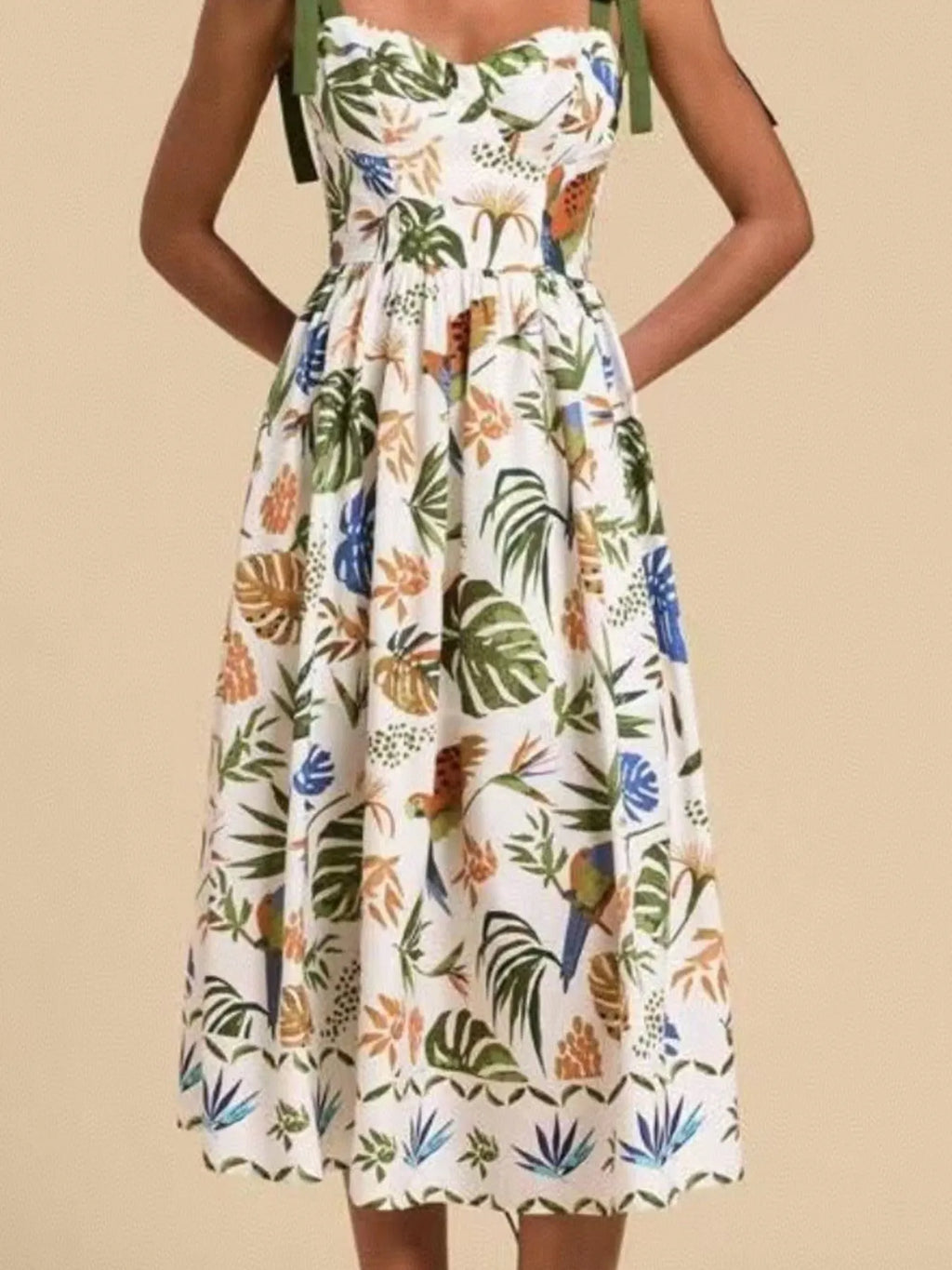 Tropical Print Tie-Shoulder Sweetheart Neck Midi Dress