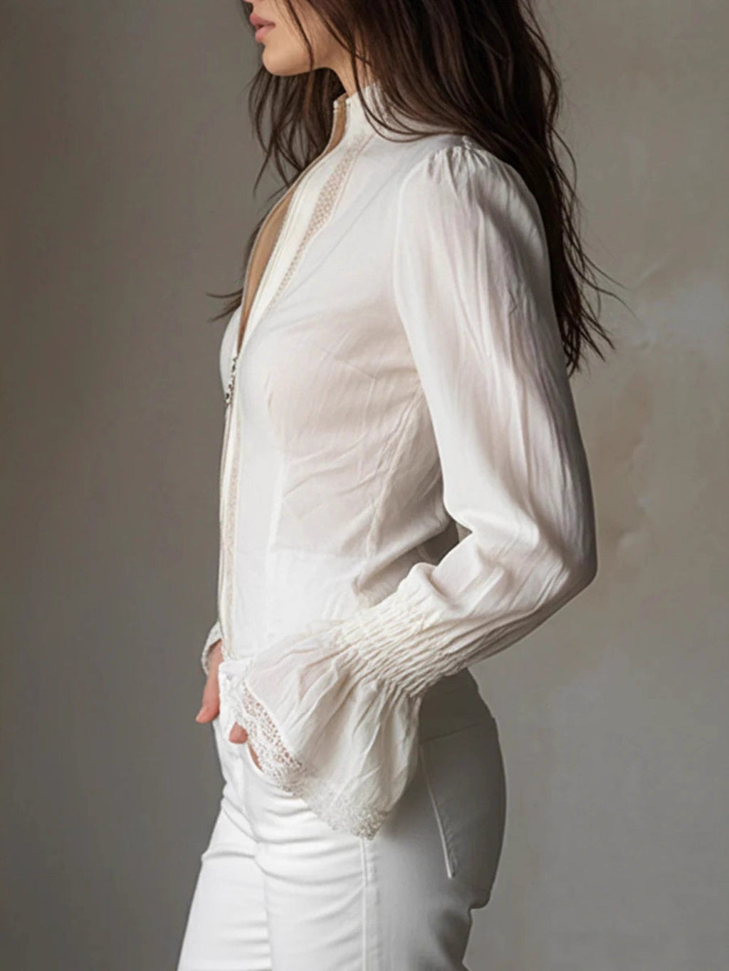 Lace Trim Zip-Up Shirt