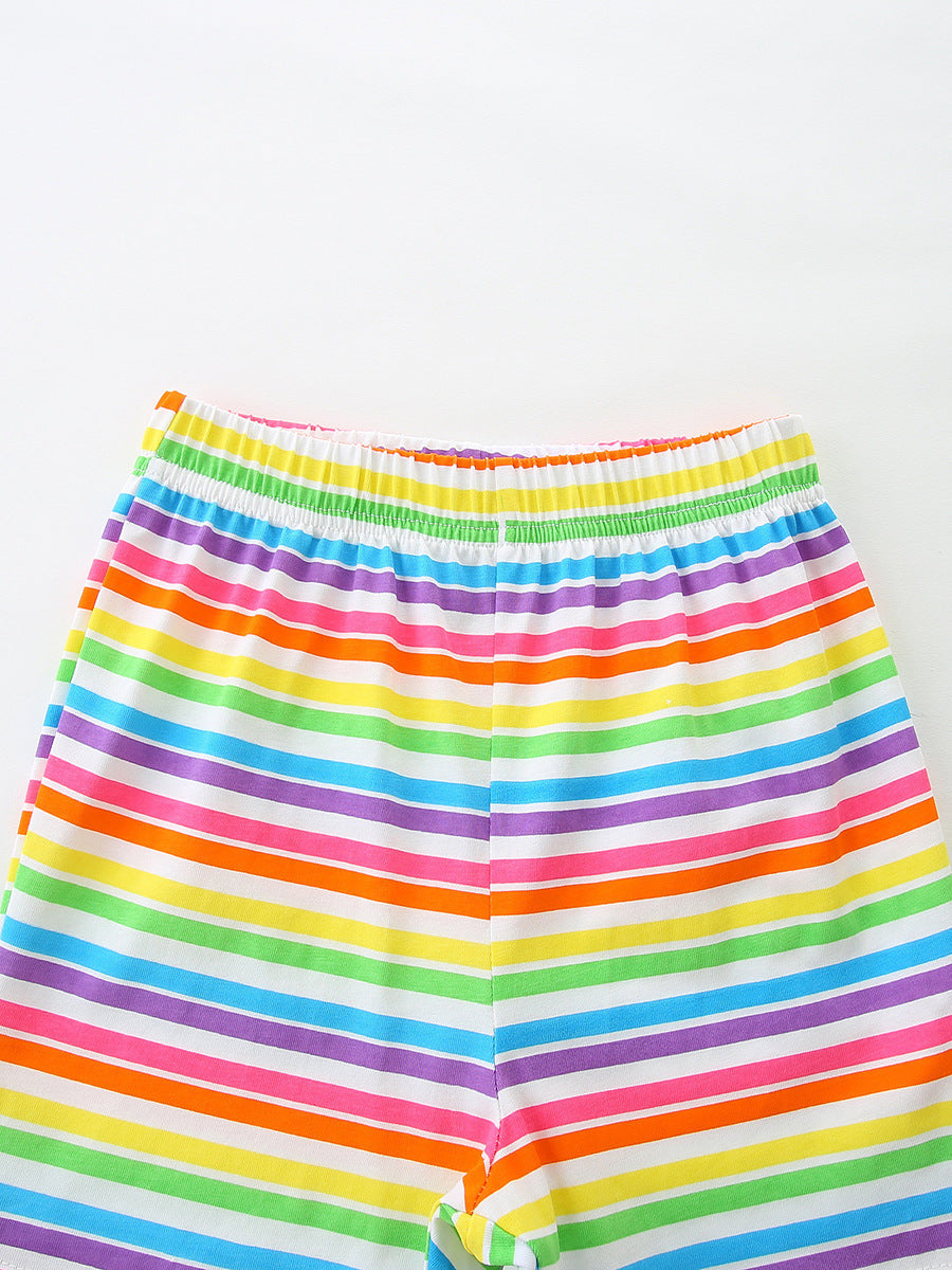Children's Seahorse Ruffle Sleeve Top and Rainbow Striped Shorts Set